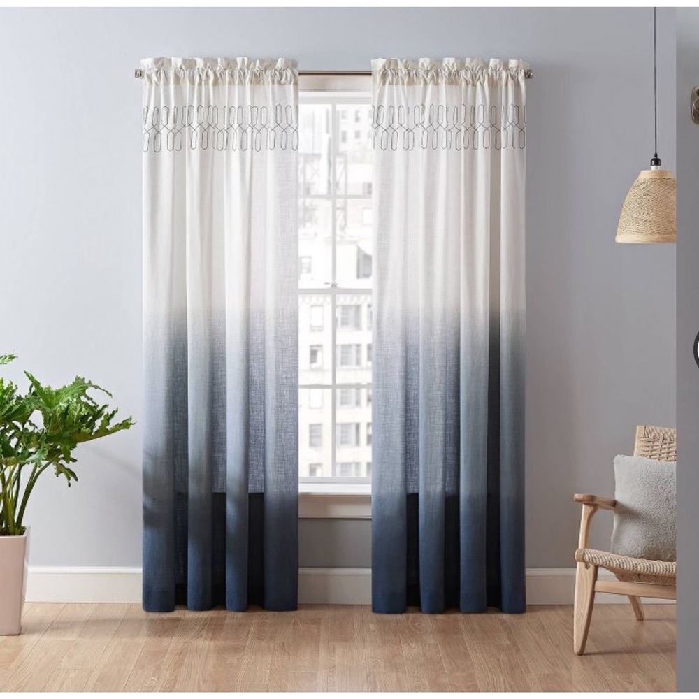 63"x52" 3 Panels Arashi Ombre Embroidery Light Filtering Curtain Indigo Blue Vue